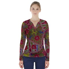 Authentic Aboriginal Art - Connections V-neck Long Sleeve Top