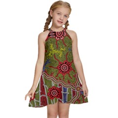 Authentic Aboriginal Art - Connections Kids  Halter Collar Waist Tie Chiffon Dress