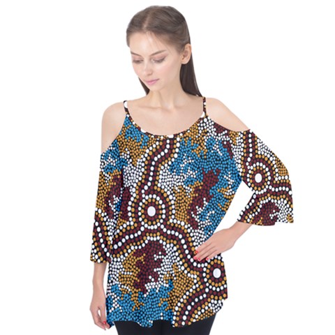 Authentic Aboriginal Art - Wetland Dreaming Flutter Sleeve T-shirt  by hogartharts