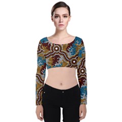 Authentic Aboriginal Art - Wetland Dreaming Velvet Long Sleeve Crop Top by hogartharts