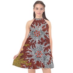 Authentic Aboriginal Art - Bushland Dreaming Halter Neckline Chiffon Dress 