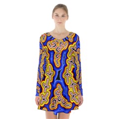 Authentic Aboriginal Art - Emu Dreaming Long Sleeve Velvet V-neck Dress