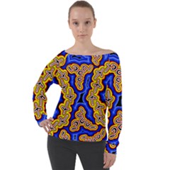 Authentic Aboriginal Art - Emu Dreaming Off Shoulder Long Sleeve Velour Top