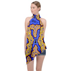 Authentic Aboriginal Art - Emu Dreaming Halter Asymmetric Satin Top by hogartharts