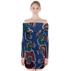 Authentic Aboriginal Art - Riverside Dreaming Long Sleeve Off Shoulder Dress