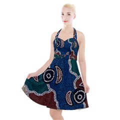 Authentic Aboriginal Art - Riverside Dreaming Halter Party Swing Dress 