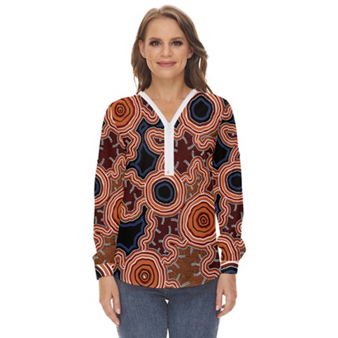 Authentic Aboriginal Art - Pathways Zip Up Long Sleeve Blouse by hogartharts