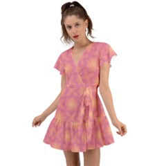 Fuzzy Peach Aurora Pink Stars Flutter Sleeve Wrap Dress