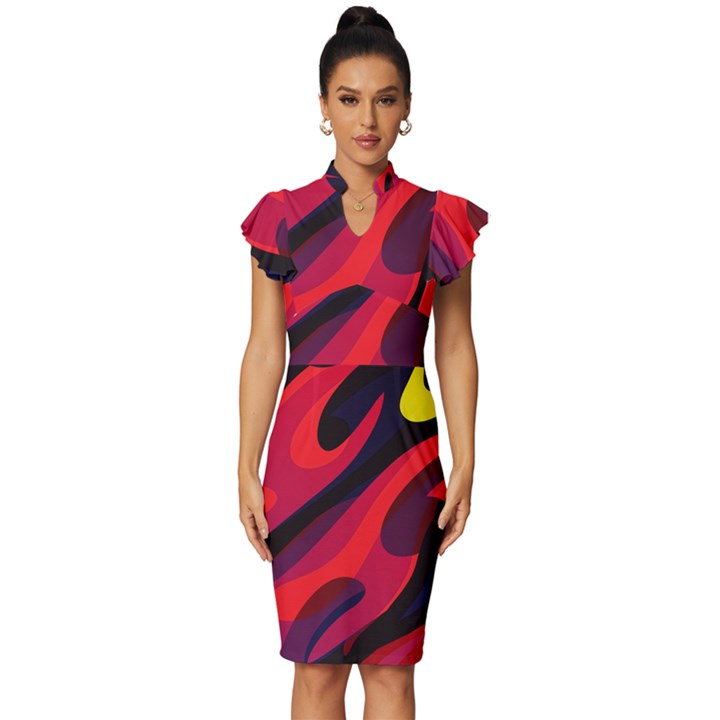 Abstract Fire Flames Grunge Art, Creative Vintage Frill Sleeve V-Neck Bodycon Dress