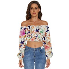 Abstract Floral Background Long Sleeve Crinkled Weave Crop Top by nateshop