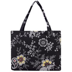 Black Background With Gray Flowers, Floral Black Texture Mini Tote Bag by nateshop