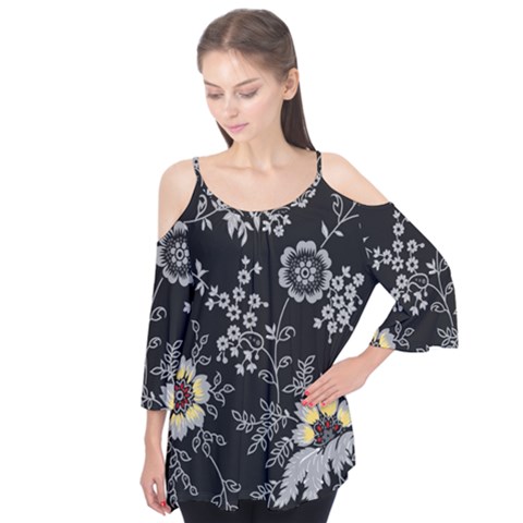 Black Background With Gray Flowers, Floral Black Texture Flutter Sleeve T-shirt  by nateshop