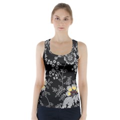 Black Background With Gray Flowers, Floral Black Texture Racer Back Sports Top by nateshop