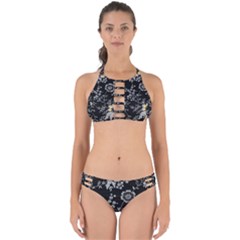 Black Background With Gray Flowers, Floral Black Texture Perfectly Cut Out Bikini Set by nateshop