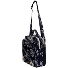 Black Background With Gray Flowers, Floral Black Texture Crossbody Day Bag by nateshop