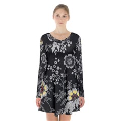 Black Background With Gray Flowers, Floral Black Texture Long Sleeve Velvet V-neck Dress by nateshop