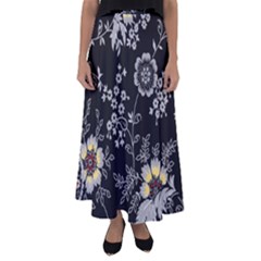 Black Background With Gray Flowers, Floral Black Texture Flared Maxi Skirt by nateshop