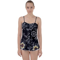 Black Background With Gray Flowers, Floral Black Texture Babydoll Tankini Top by nateshop