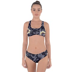 Black Background With Gray Flowers, Floral Black Texture Criss Cross Bikini Set by nateshop