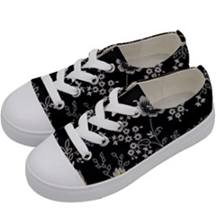 Black Background With Gray Flowers, Floral Black Texture Kids  Low Top Canvas Sneakers by nateshop