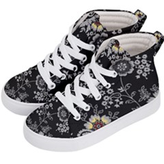 Black Background With Gray Flowers, Floral Black Texture Kids  Hi-top Skate Sneakers by nateshop