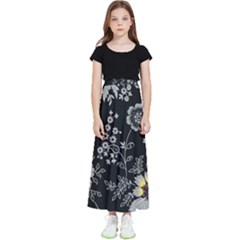 Black Background With Gray Flowers, Floral Black Texture Kids  Flared Maxi Skirt by nateshop