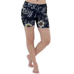 Black Background With Gray Flowers, Floral Black Texture Lightweight Velour Yoga Shorts by nateshop