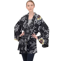Black Background With Gray Flowers, Floral Black Texture Long Sleeve Velvet Kimono 