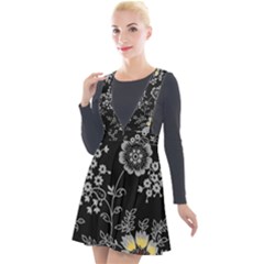 Black Background With Gray Flowers, Floral Black Texture Plunge Pinafore Velour Dress by nateshop