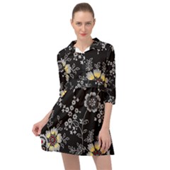 Black Background With Gray Flowers, Floral Black Texture Mini Skater Shirt Dress by nateshop