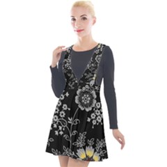 Black Background With Gray Flowers, Floral Black Texture Plunge Pinafore Velour Dress