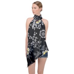 Black Background With Gray Flowers, Floral Black Texture Halter Asymmetric Satin Top by nateshop