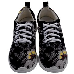 Black Background With Gray Flowers, Floral Black Texture Mens Athletic Shoes