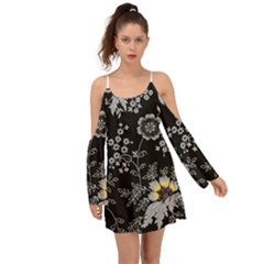 Black Background With Gray Flowers, Floral Black Texture Boho Dress