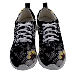 Black Background With Gray Flowers, Floral Black Texture Women Athletic Shoes