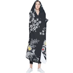 Black Background With Gray Flowers, Floral Black Texture Wearable Blanket by nateshop