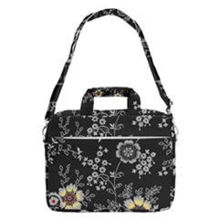 Black Background With Gray Flowers, Floral Black Texture Macbook Pro 16  Shoulder Laptop Bag by nateshop