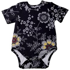 Black Background With Gray Flowers, Floral Black Texture Baby Short Sleeve Bodysuit by nateshop