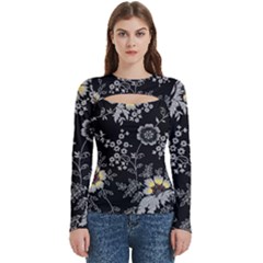 Black Background With Gray Flowers, Floral Black Texture Women s Cut Out Long Sleeve T-shirt by nateshop