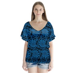 Blue Floral Pattern Floral Greek Ornaments V-neck Flutter Sleeve Top by nateshop