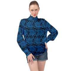 Blue Floral Pattern Floral Greek Ornaments High Neck Long Sleeve Chiffon Top by nateshop