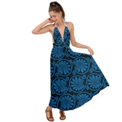 Blue Floral Pattern Floral Greek Ornaments Backless Maxi Beach Dress by nateshop