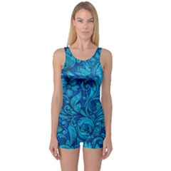 Blue Floral Pattern Texture, Floral Ornaments Texture One Piece Boyleg Swimsuit by nateshop