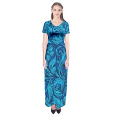 Blue Floral Pattern Texture, Floral Ornaments Texture Short Sleeve Maxi Dress by nateshop