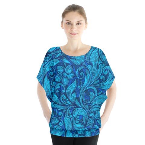 Blue Floral Pattern Texture, Floral Ornaments Texture Batwing Chiffon Blouse by nateshop