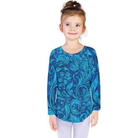 Blue Floral Pattern Texture, Floral Ornaments Texture Kids  Long Sleeve T-shirt by nateshop