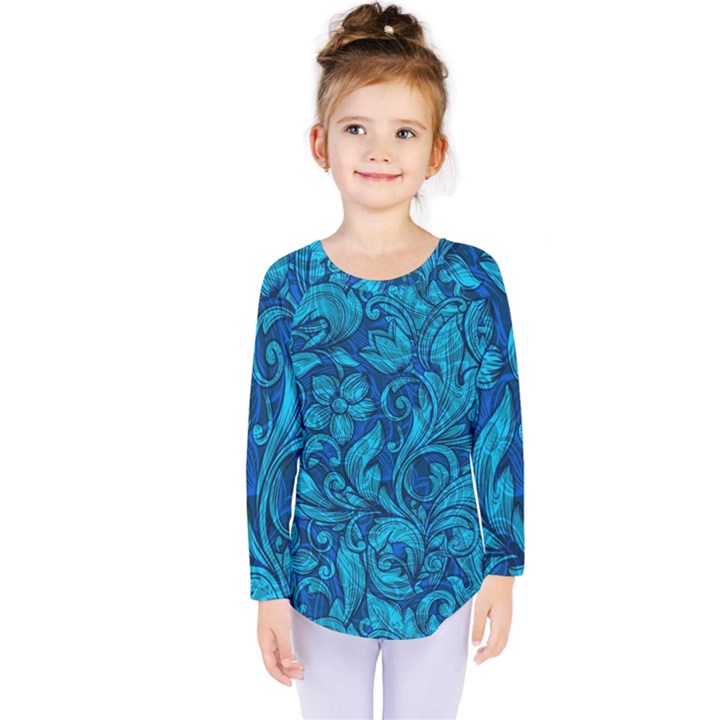 Blue Floral Pattern Texture, Floral Ornaments Texture Kids  Long Sleeve T-Shirt