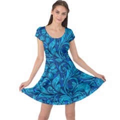 Blue Floral Pattern Texture, Floral Ornaments Texture Cap Sleeve Dress by nateshop