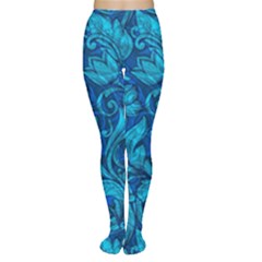 Blue Floral Pattern Texture, Floral Ornaments Texture Tights by nateshop