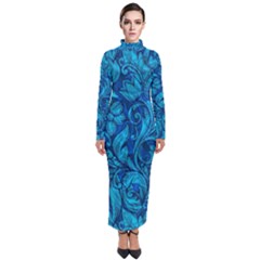 Blue Floral Pattern Texture, Floral Ornaments Texture Turtleneck Maxi Dress